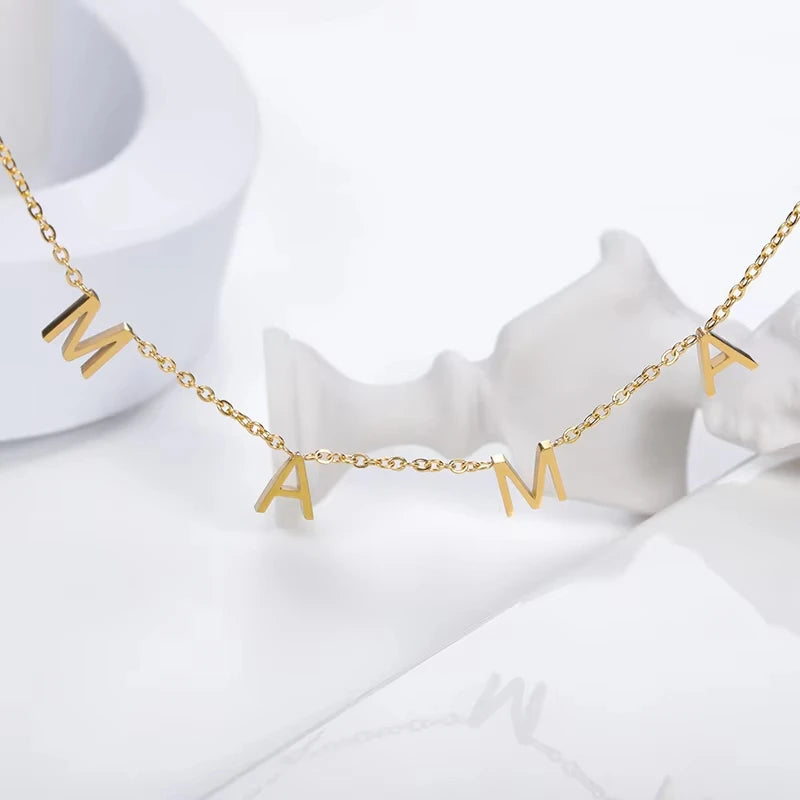 Mama Letters Pendant Necklace for Women Gold Stainless Steel Clavicle Chain Choker Fashion Jewelry Gift for Moms
