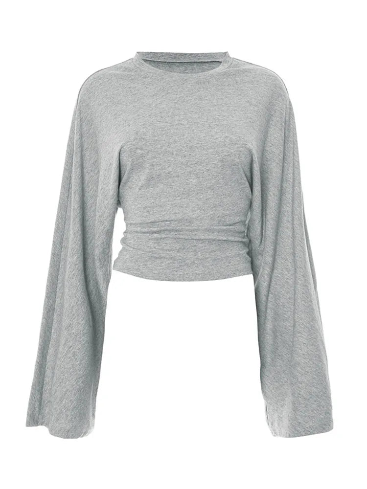 Womens O Neck Long Sleeve Skinny T Shirt Monochrome Crop Top