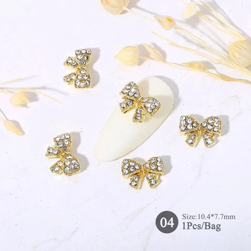 Elegant Gold Silver Metal Bowknot Nail Charm 3D Rhinestone Decor for DIY Manicure Art