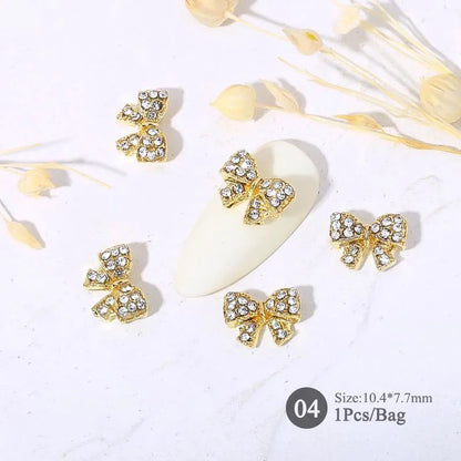 Elegant Gold Silver Metal Bowknot Nail Charm 3D Rhinestone Decor for DIY Manicure Art