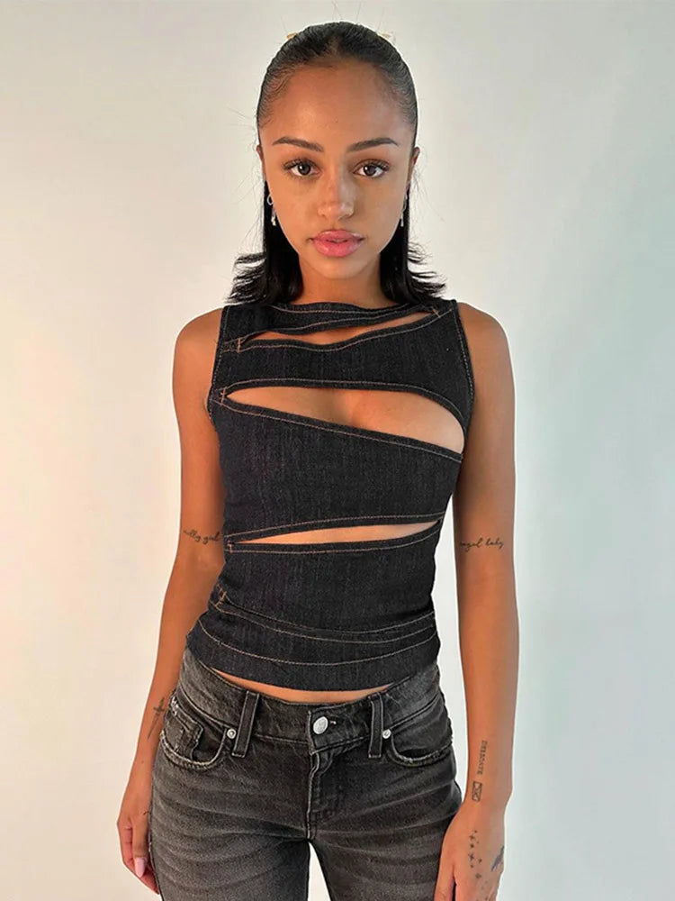 Women Cutout Sleeveless Vest Top Slim Streetwear Denim