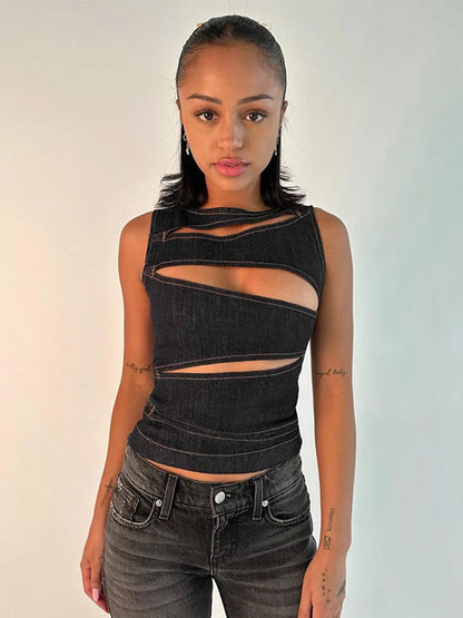 Women Cutout Sleeveless Vest Top Slim Streetwear Denim