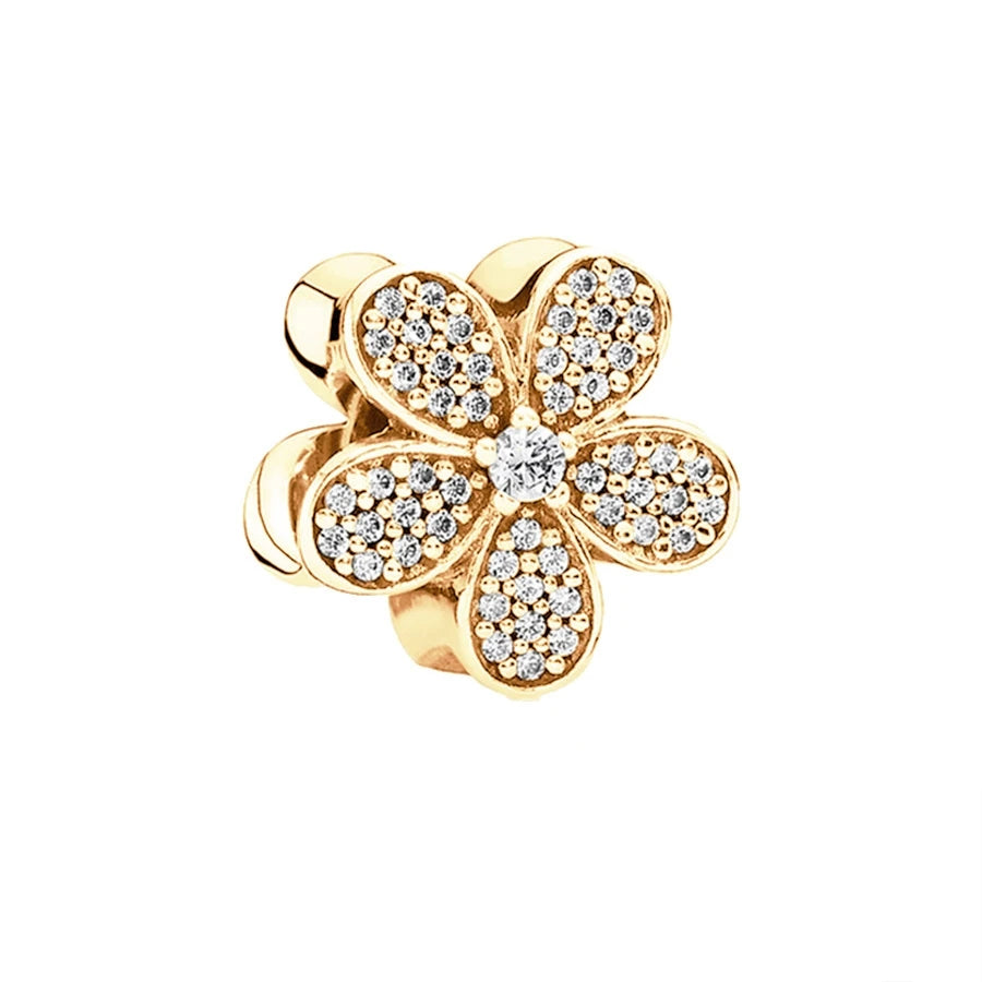 Gold Plated Pink Daisy And Clear Heart Charm Bead 925