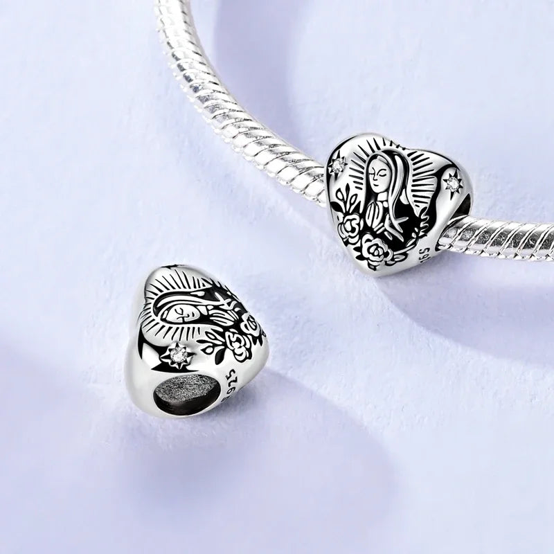 Sterling Silver Cat and Flower Heart Charm for DIY Bracelet Jewelry KTC1675