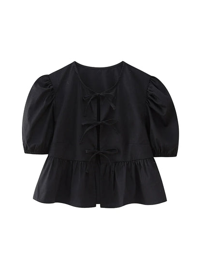 Hollow Lace Up O Neck Short Sleeve Blouse Chic For Women