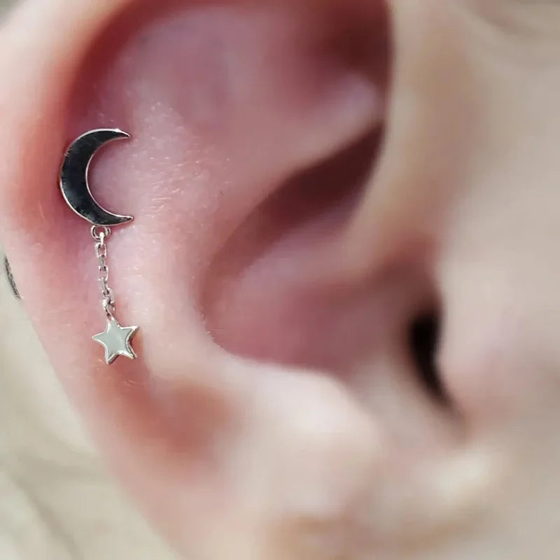 ASTM F136 Titanium Ear Piercing Pendant Chain Dangle Ear Studs with CZ Top Labret Lip Stud and Cartilage Earring Body Jewelry