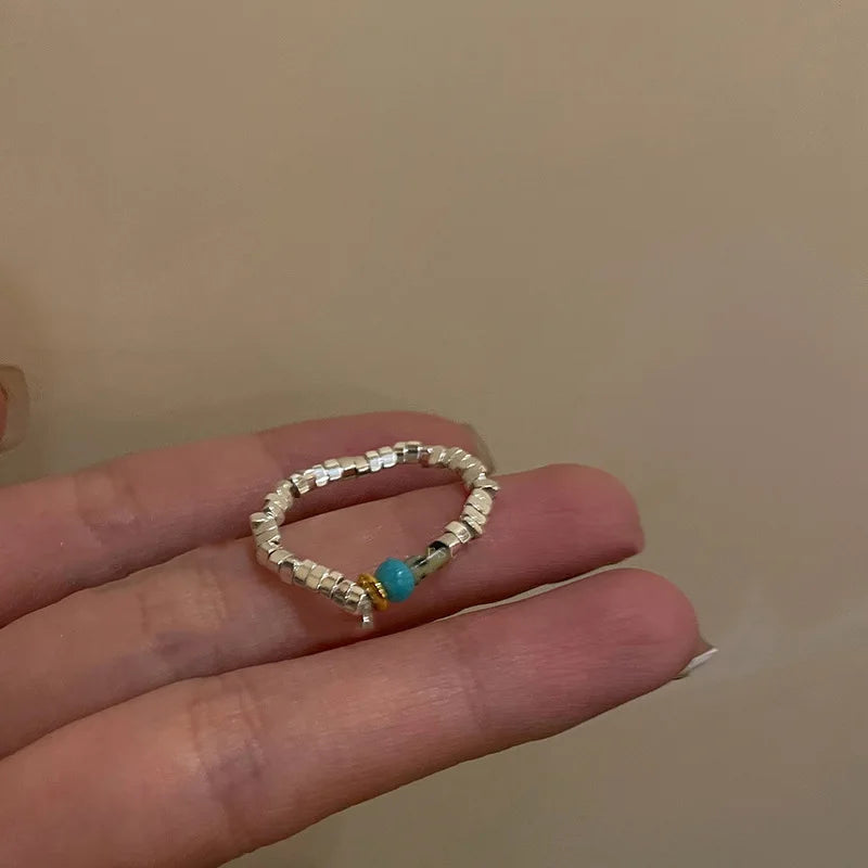 Hip Hop Blue Zircon Curved Matte Metal Ring for Women Retro Fashion Jewelry