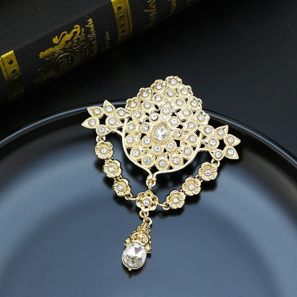 Elegant Gold Flower Brooch for Women - Crystal Embellished Moroccan Jewelry for Caftans and Hijabs