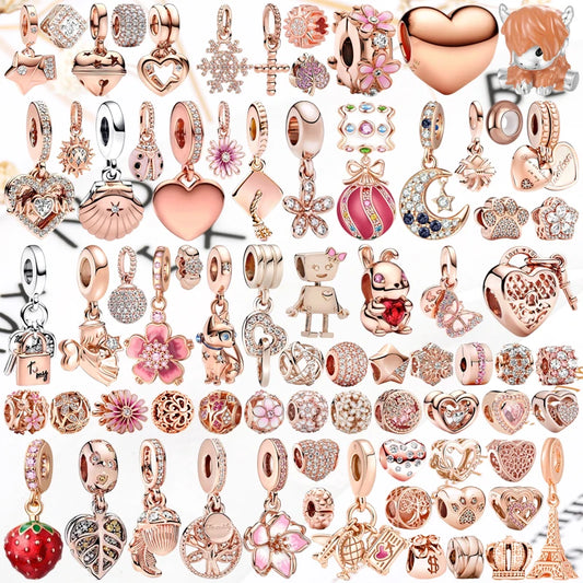 Rose Gold Winged Angel Heart Charm Bead Pink Daisy Spacer