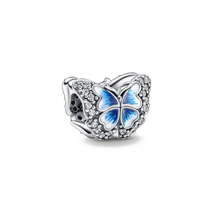 Spring 2025 925 Sterling Silver Blue Flower Butterfly Pendant DIY Charm Bead for Bracelet Necklace Jewelry for Women