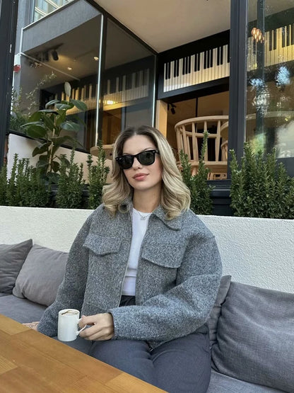 Tweed Cropped Jacket For Women Zip Front Autumn Coat