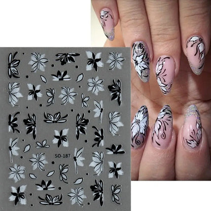 Elegant Black White Floral 3D Nail Art Stickers - Charming Petal Adhesive for DIY Manicure