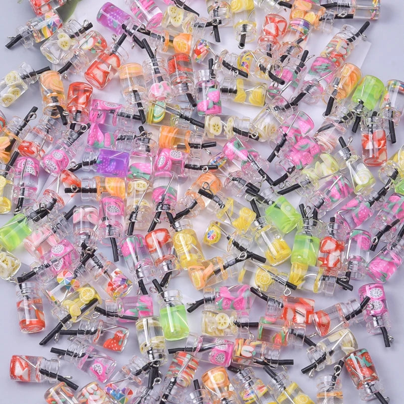 Vibrant 3D Fruit Drink Bottle Charms Set for Jewelry and DIY Crafting