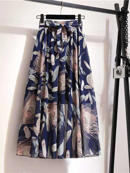 Chiffon Midi Skirt Women High Waist Korean Style White