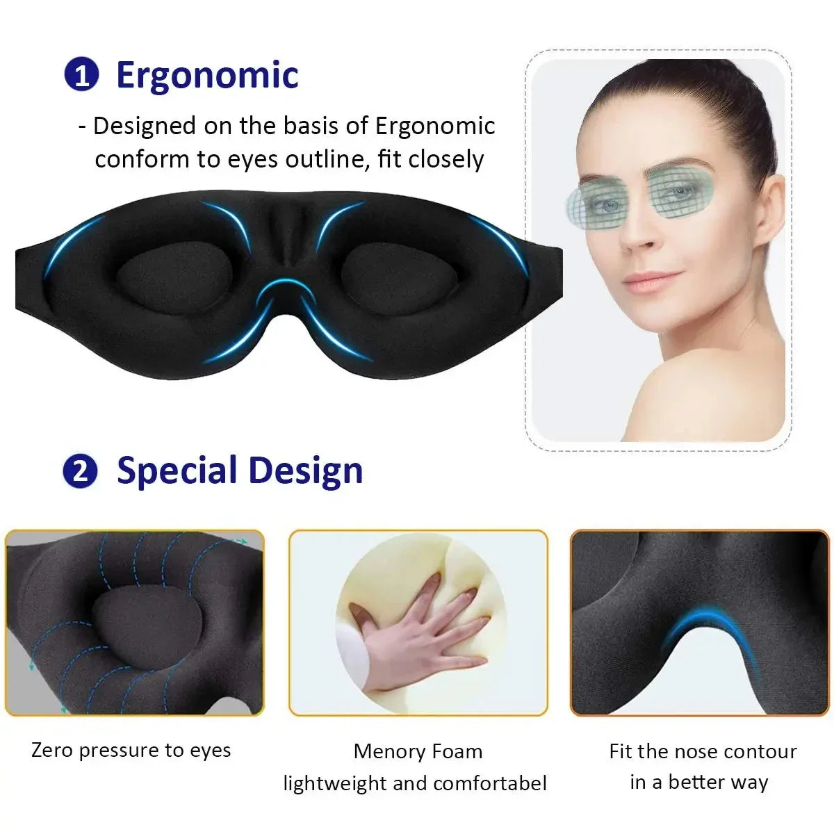 3D Contoured Sleep Mask for Men and Women Perfect Light Blocking Blindfold for Deep Rest