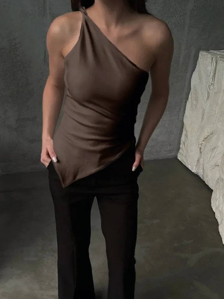 2025 New Fashionable Casual Women's T-Shirt Solid Color Single Shoulder Asymmetrical Slim Fit Top One-Piece Neck
