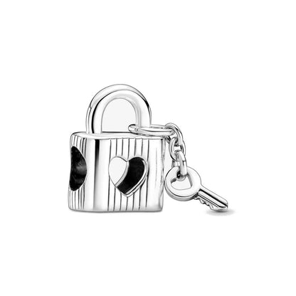 Rose Gold Padlock Heart Key Pendant Necklace for Women 925 Silver with Zircon Beads P964