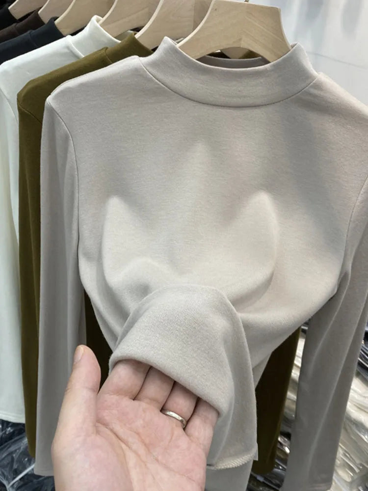 White Cotton Slim Fit Long Sleeve Half Turtleneck Women