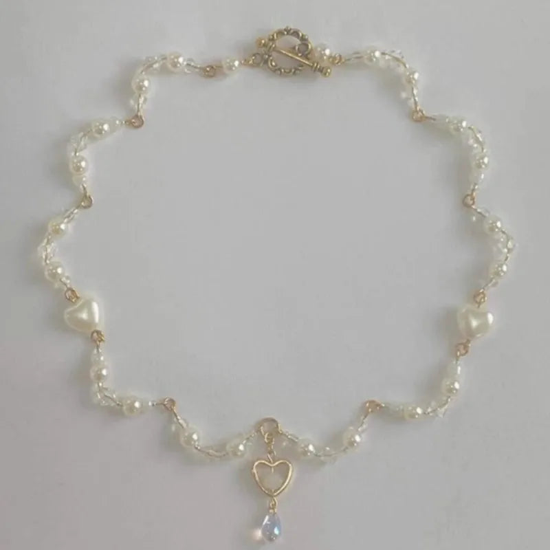 Elegant Simulated Pearl Heart Charm Necklace and Bracelet Jewelry Set for Women