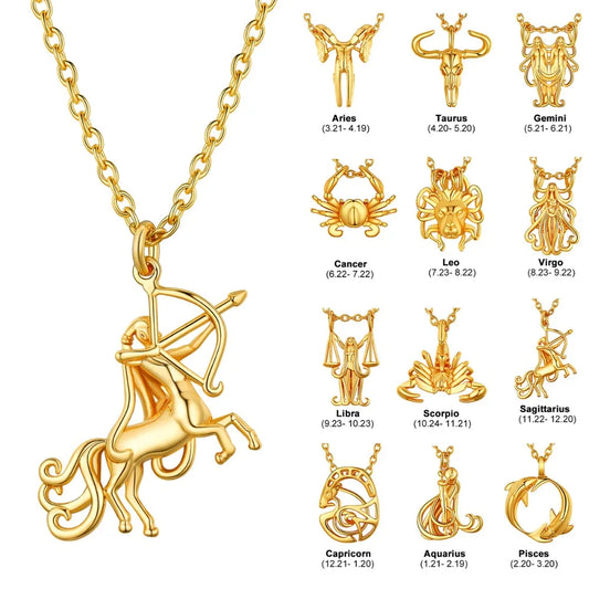 U7 Zodiac Constellations Pendant Necklace Unisex 3D Horoscope Charm Jewelry Gift