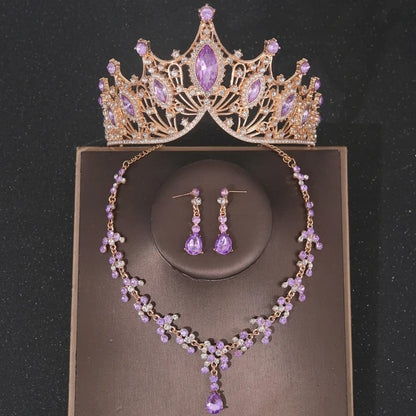 Baroque Crystal Tiara & Crown Jewelry Set - Top-Rated Rhinestone Bridal Accessories Purple 2