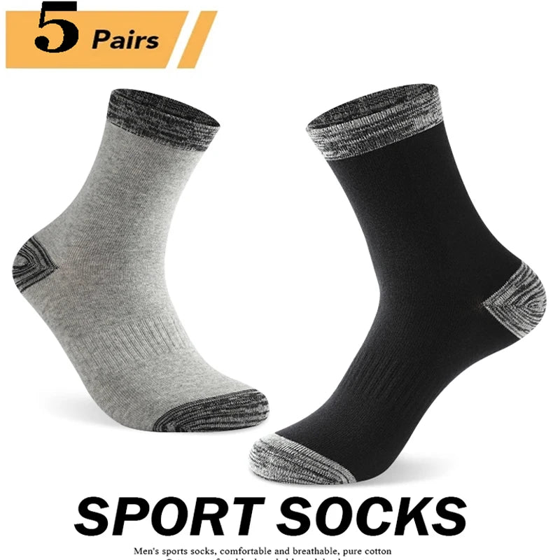 5 Pairs Men’s High Quality Autumn Winter Crew Socks Comfortable Long Black Sports Hiking Running Socks Size 38-44
