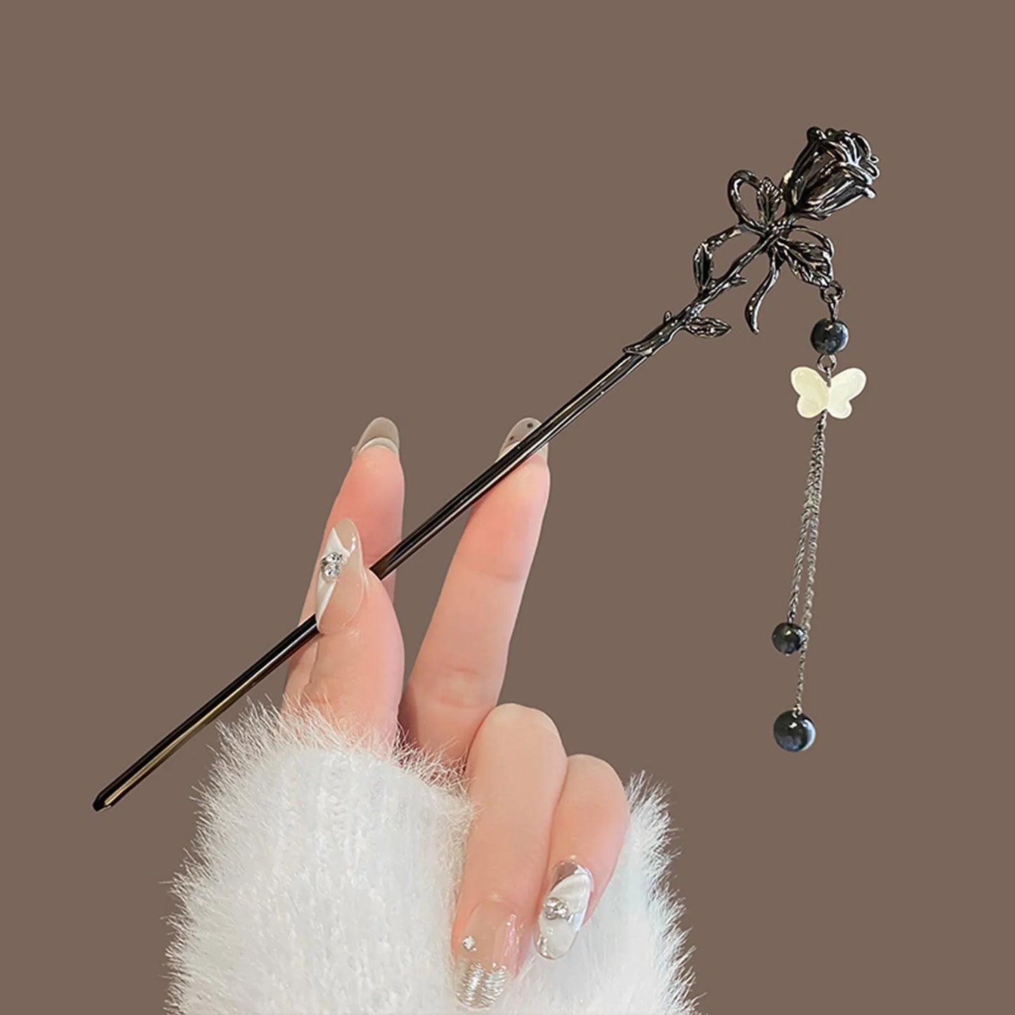 Elegant Ink Flower Tassel Hairpin Forks for Women - Modern Hanfu Hair Jewelry with Black Beads Fringe