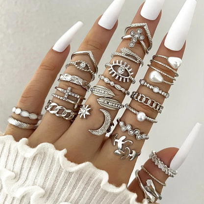 Silver Geometric Knuckle Rings Set for Women with Eye Cross Sun Moon Leaf Charms Boho Jewelry