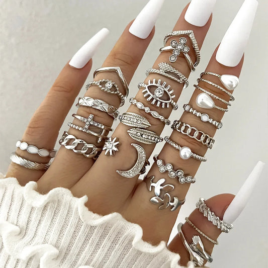 Silver Geometric Knuckle Rings Set for Women with Eye Cross Sun Moon Leaf Charms Boho Jewelry