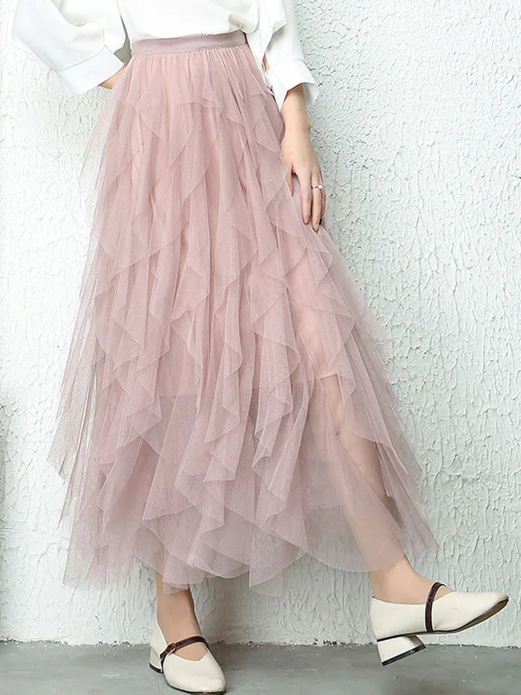 Korean Style Tutu Tulle Long Maxi Skirt For Women High Waist