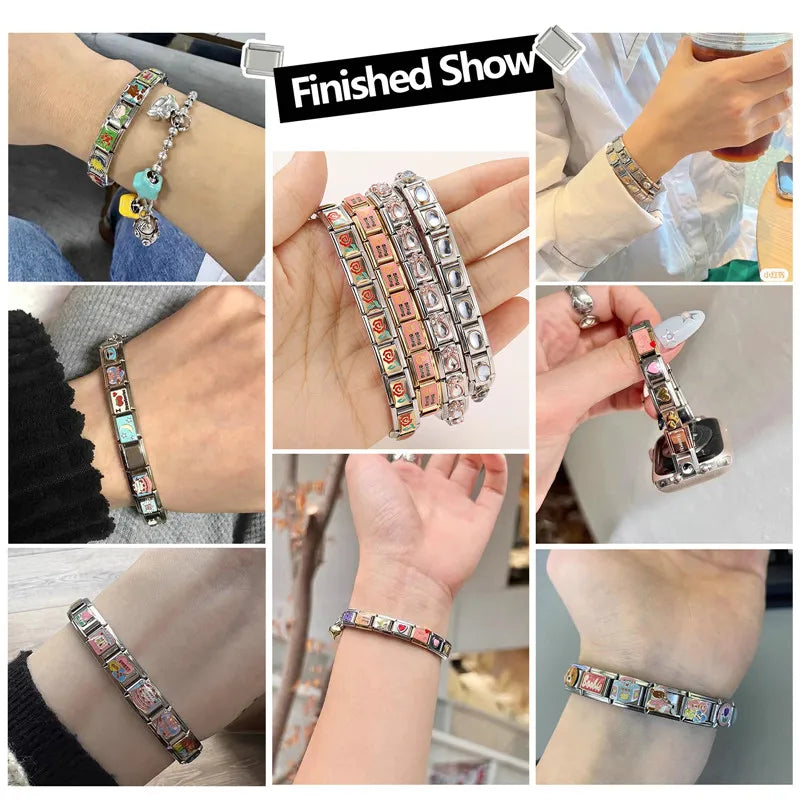 Y2K Green Series Italian Charm Bracelet Links with Camera Woods Flowers Designs in Stainless Steel