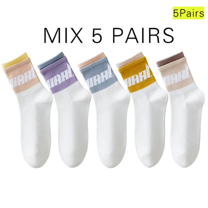 5 Pairs Colorful Breathable Cotton Mid Calf Athletic Socks