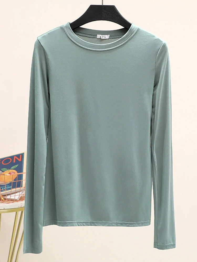 Modal Cotton Long Sleeve O Neck Womens Autumn Basic Tee