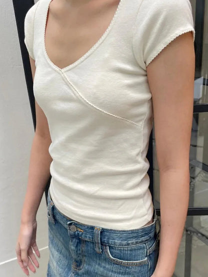 Vintage Slim V Neck Cotton Streetwear Tee Y2K Cute Femme