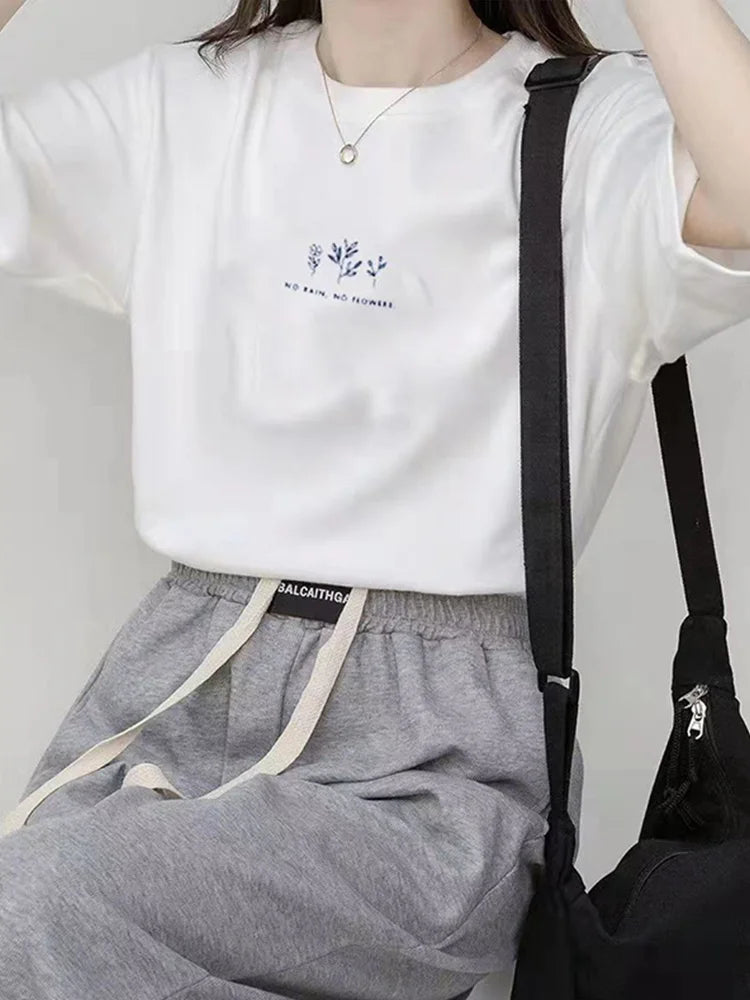 Korean Round Neck Summer Tee Women Loose Plant Print