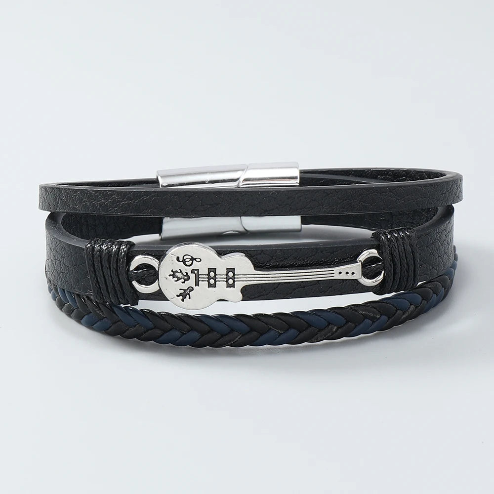 Men's Hip-Hop Rock Guitar Leather Bracelet Cuff Fashion Jewelry