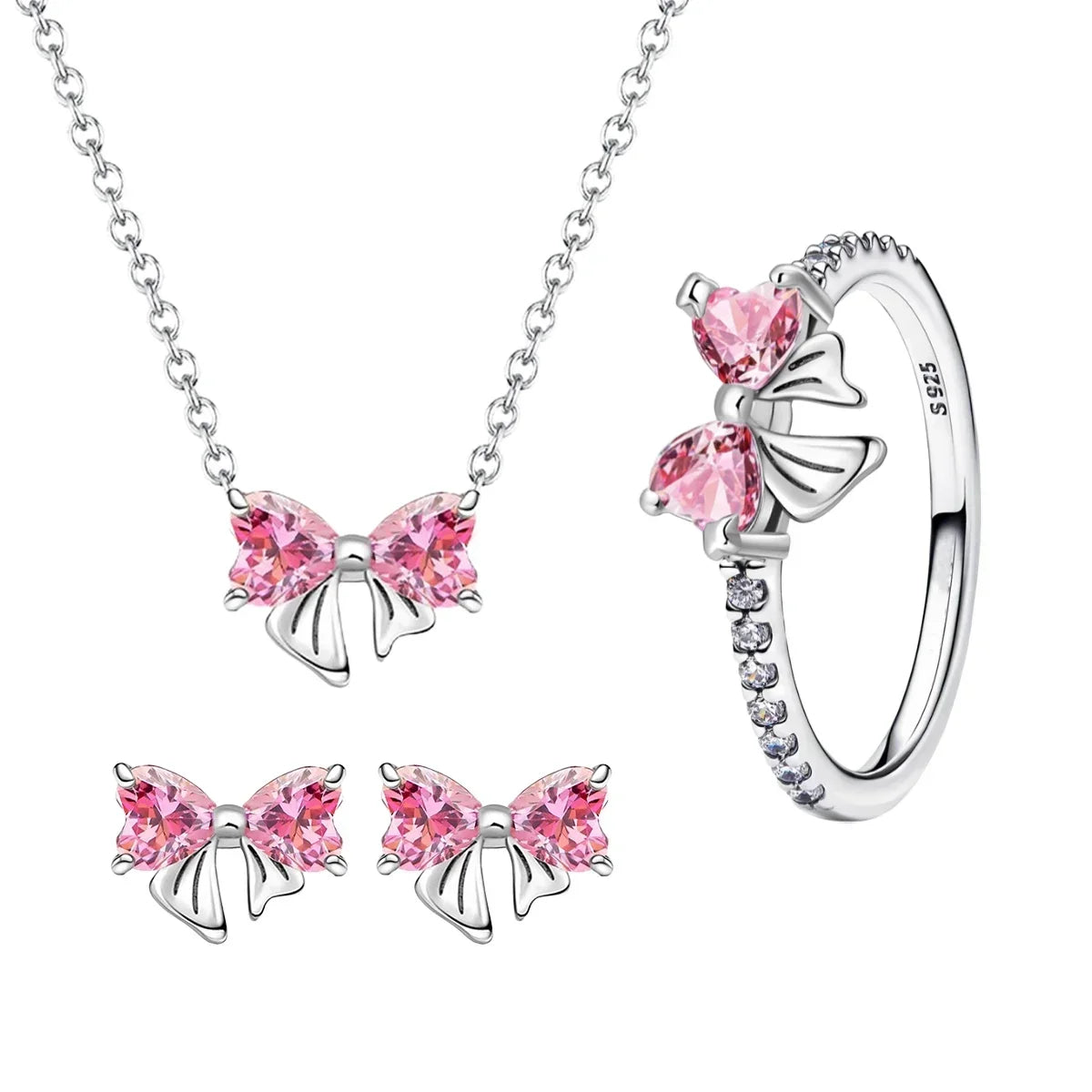 925 Sterling Silver Colorful Zircon Bow Tie Jewelry Set for Women Elegant DIY Fine Gift