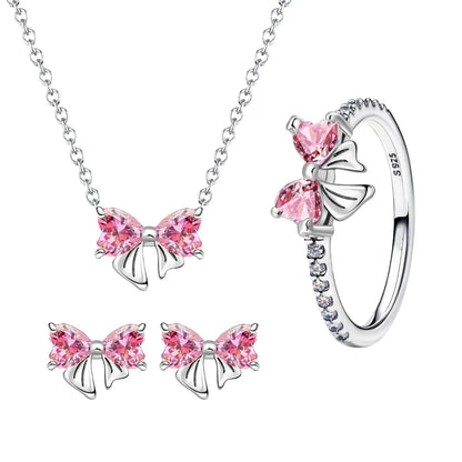 925 Sterling Silver Colorful Zircon Bow Tie Jewelry Set for Women Elegant DIY Fine Gift