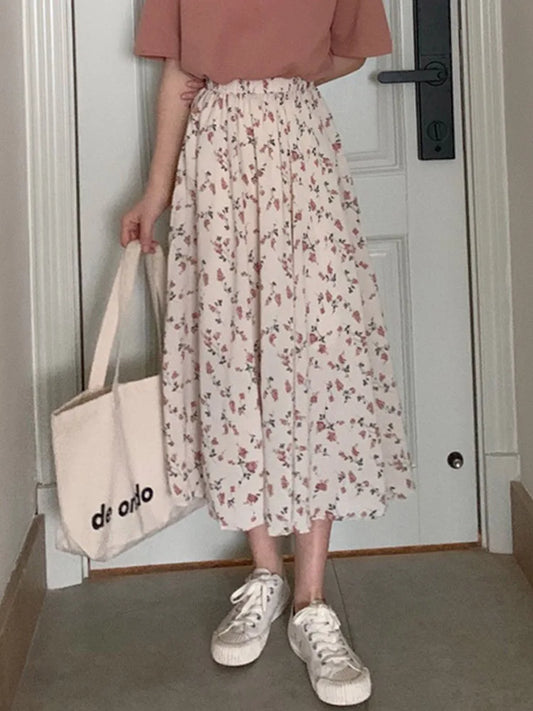Vintage Floral Print A Line Pleated Midi Skirt Women Summer