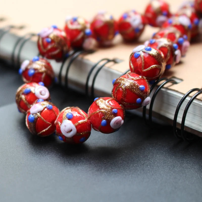 Handmade Lampwork Glass Flower Beads Set with Gold Accents for Jewelry Crafting