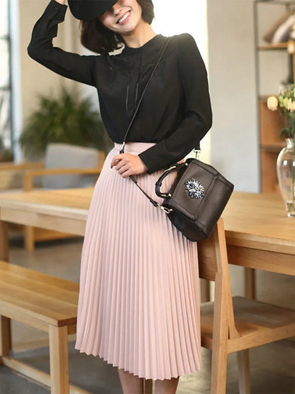 High Waist Pleated Skirt For Women Solid Color Elastic