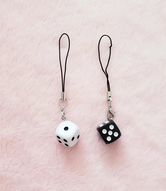 Kawaii Black and White Dice Phone Charm with Vintage Mushroom Accents