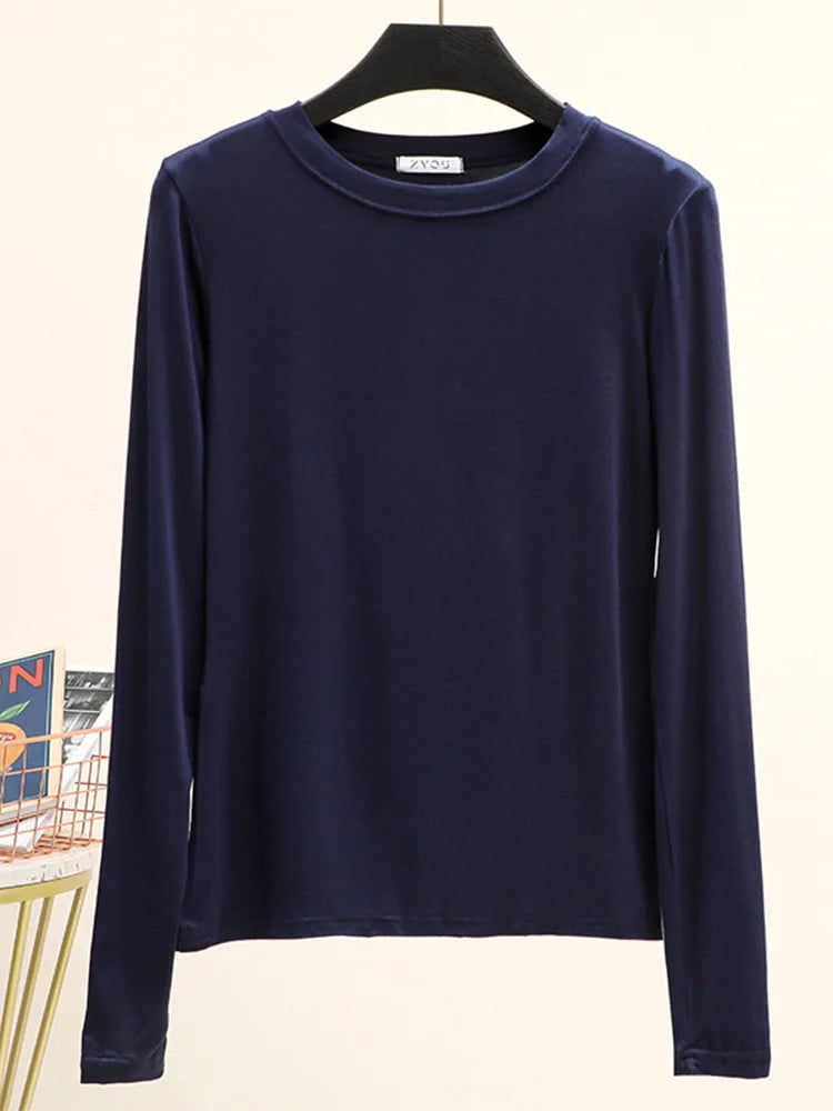Modal Cotton Long Sleeve O Neck Womens Autumn Basic Tee