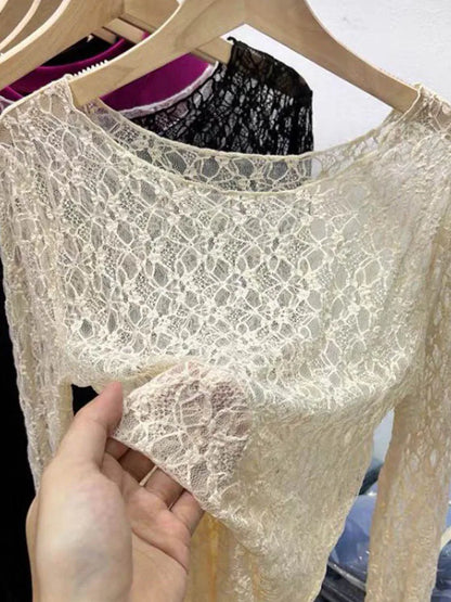 Women Long Sleeve Sexy Slim Lace Top Spring Autumn 2025