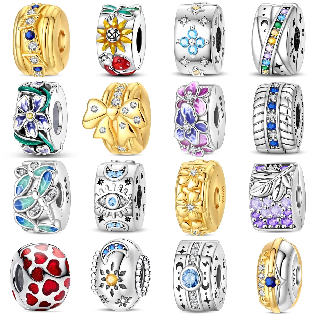 925 Sterling Silver Colorful Butterfly Star Moon Flower Beads Clip Charm for DIY Bracelets Fine Jewelry