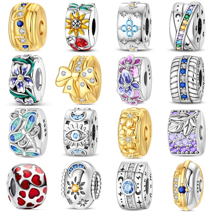 925 Sterling Silver Colorful Butterfly Star Moon Flower Beads Clip Charm for DIY Bracelets Fine Jewelry