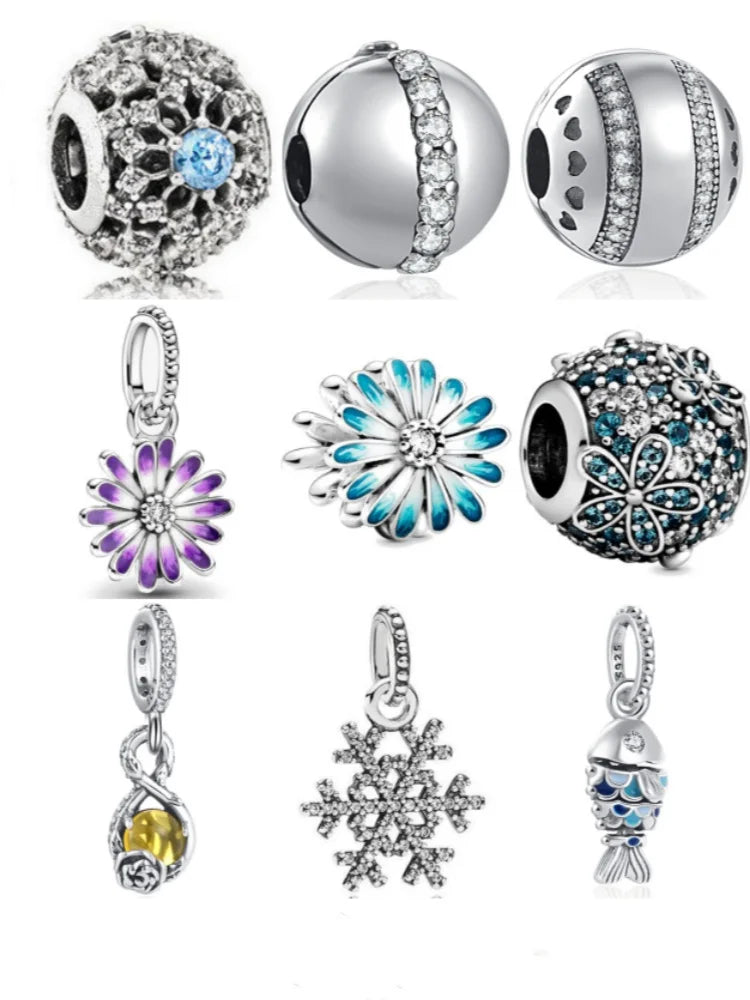 European 925 Sterling Silver Daisy Flower Fish Flag Pendant Bead Charm for Women's Bracelet and Necklace Jewelry
