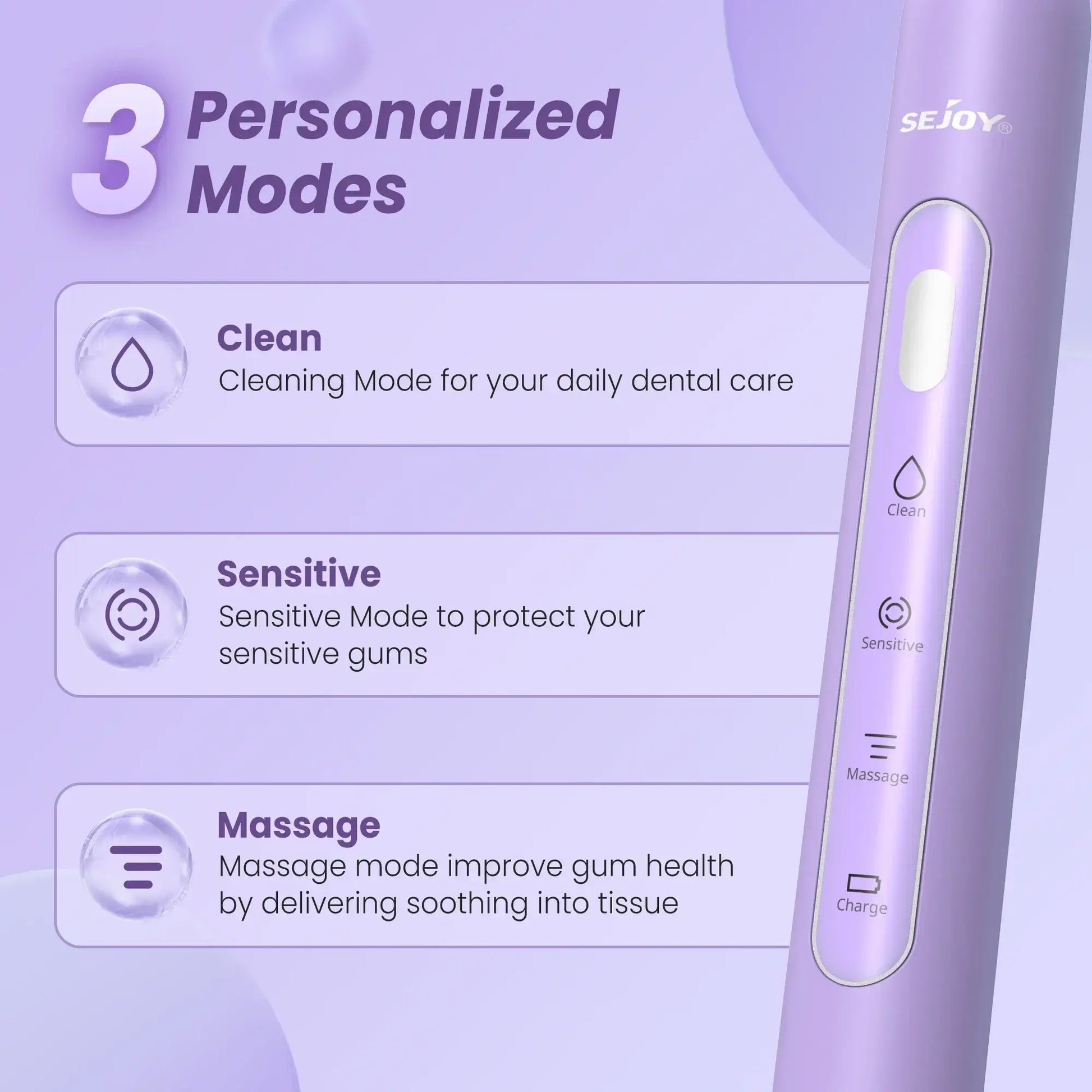 SEJOY Oral Cleaning Sonic Electric Toothbrush IPX7 3 Modes Purple