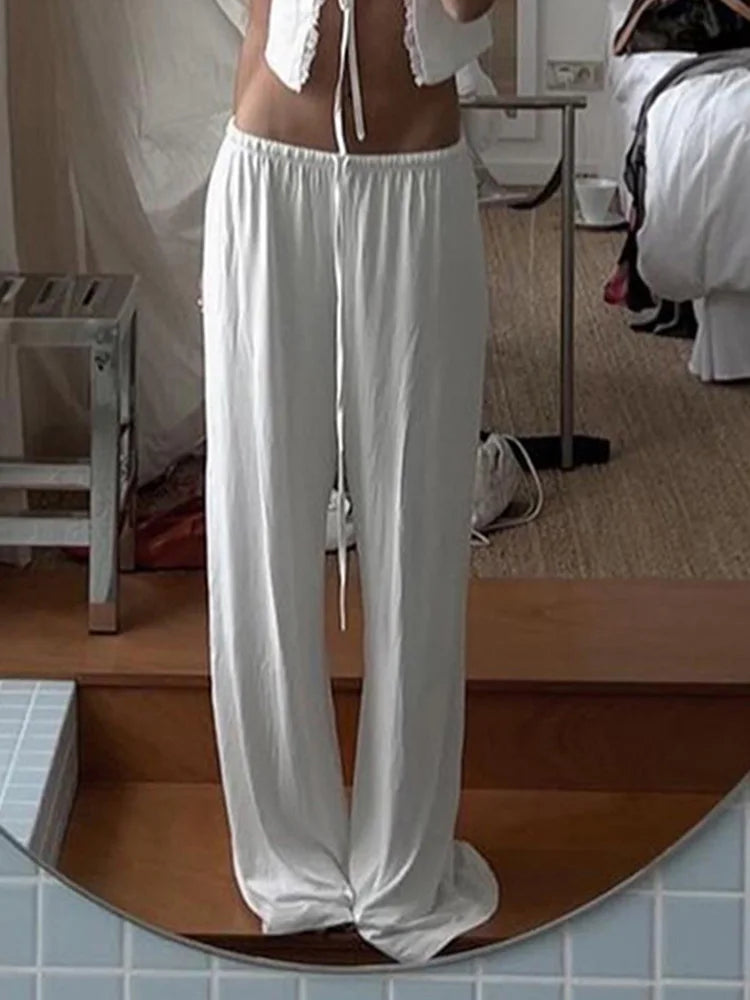White Women's Casual Loose Straight Leg Sweatpants Shirring