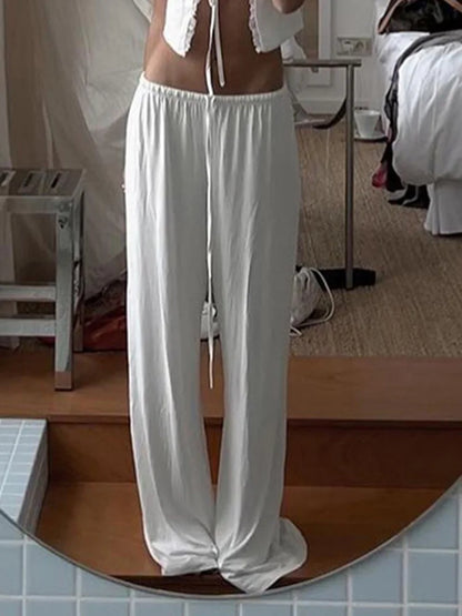 White Women's Casual Loose Straight Leg Sweatpants Shirring
